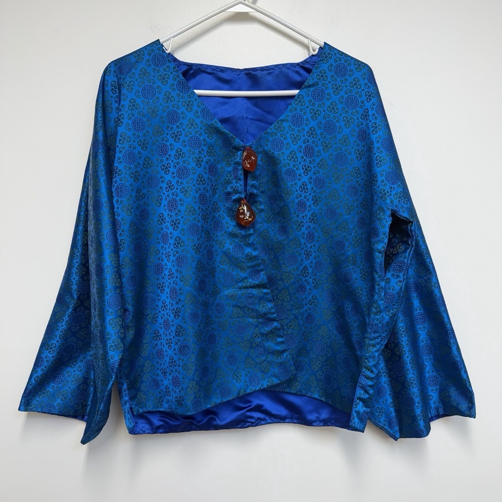 Korean Magoja Hanbok Jacket Blue Jacquard Lined Embedded Amber Lucite? Buttons